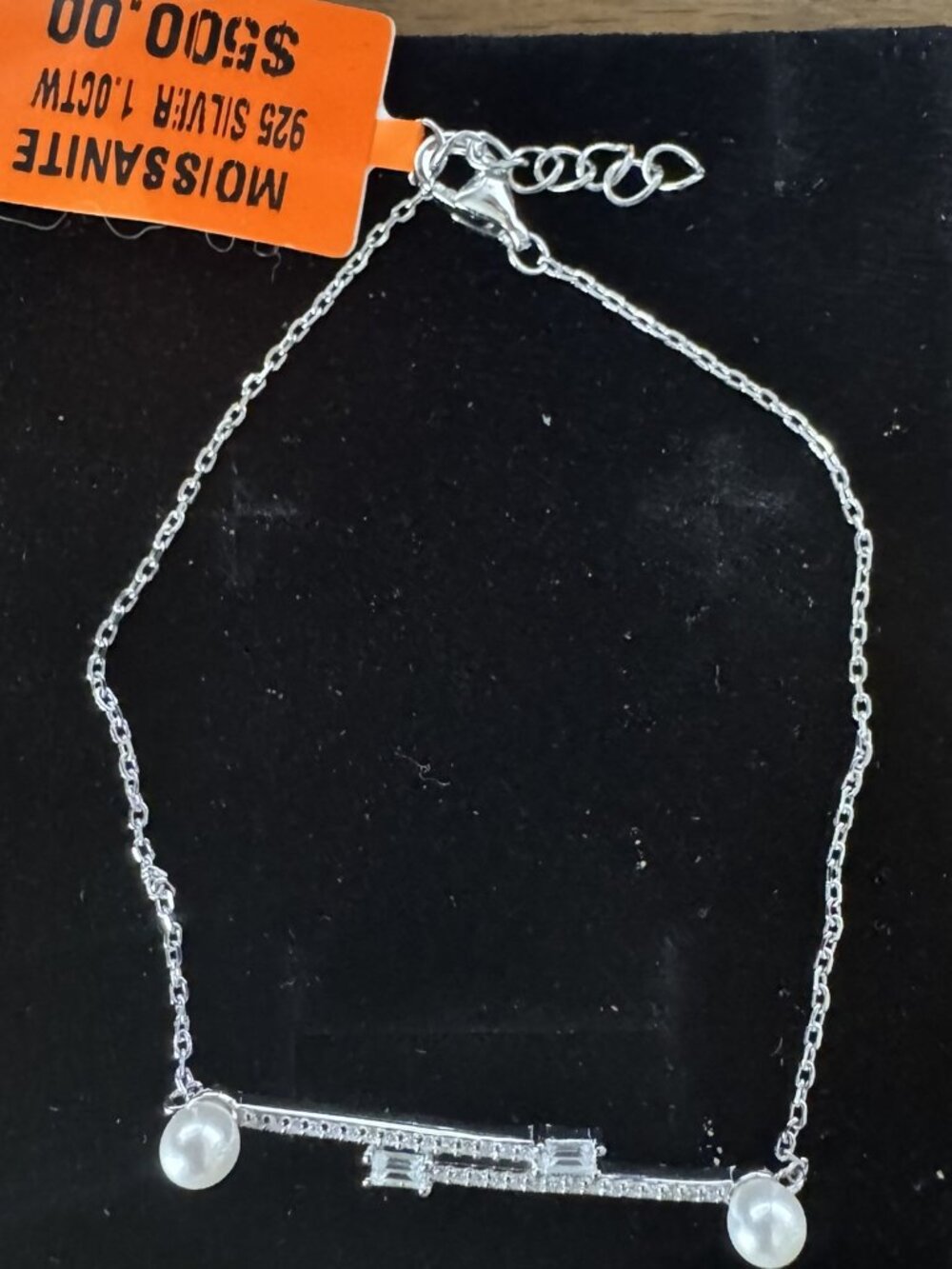 Simulated Pearl & Moissanite (1.00 CTW) Bar Bracelet 7.5" + 1"